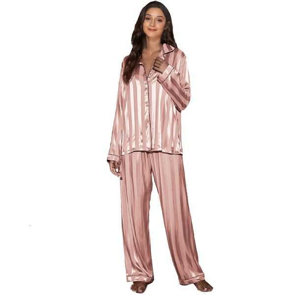 Vêtements de nuit pour femmes Ensembles de pyjama en satin de soie synthétique pour femmes Cardigan à manches longues Vêtements de nuit PJ Set Femme 2 pièces Casual Col rabattu Loungewear 230310