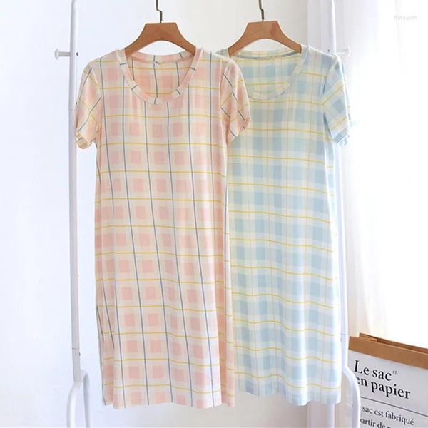 Ropa de dormir para mujer Fdfklak Cómodo camisón para mujer Camisón modal de verano Almohadillas para el pecho Estampado a cuadros Vestido fino para el hogar Camisones para mujer