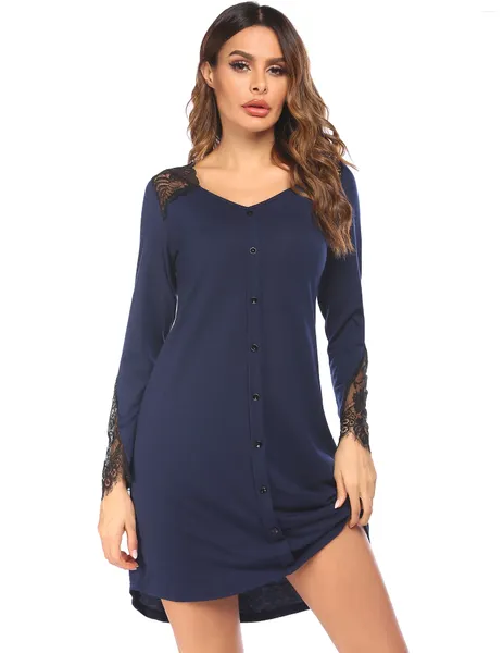 Ropa de dormir para mujer Fdfklak Europa América Sexy Vestido de noche Mujeres Casual V Cuello Modal Bodycon Camisón Mujer Manga larga Camisones