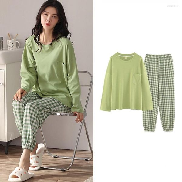 Ropa de dormir para mujer, conjunto de pijamas Fdfklak para mujer, otoño, talla grande, M-XXL, pantalones a cuadros verdes de frutas, ropa de salón de algodón con cuello redondo