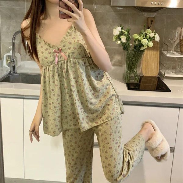 Vêtements de nuit pour femmes FDFKLAK Summer Costume sans manches Femmes Sexy Pyjamas Set Femme Coton 2pcs Casual Home Vêtements Spaghetti Bretelles