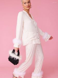 Femmes vêtements de nuit plumes pyjamas pour femmes 2 pièces ensembles à manches longues en cascade à volants femme pantalon décontracté costumes printemps 2023