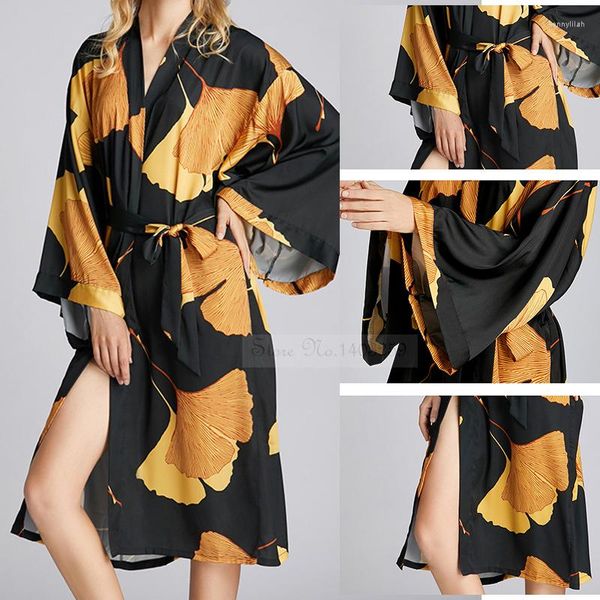 Vêtements de nuit pour femmes femme noir longue Robe chemise de nuit Sexy imprimé feuille de Ginkgo Kimono peignoir Robe printemps été ample Satin maison Robe
