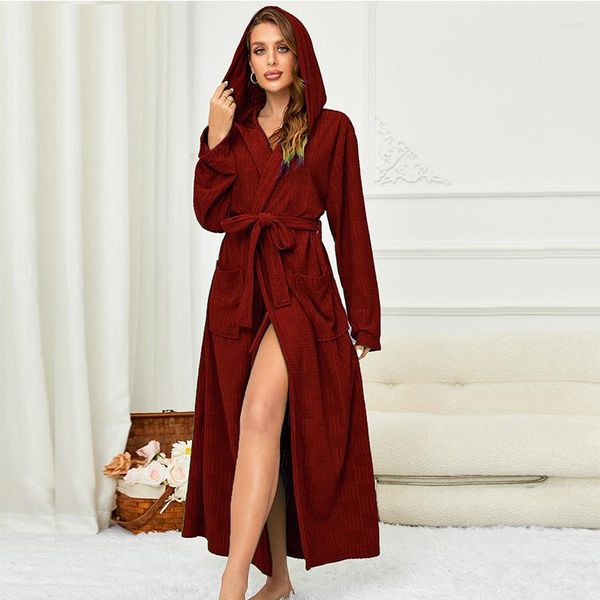 Vêtements de nuit pour femmes Femme à capuche en coton Kimono Peignoir Robe avec poche Robe solide Robe de nuit en vrac Chemise de nuit Lingerie intime