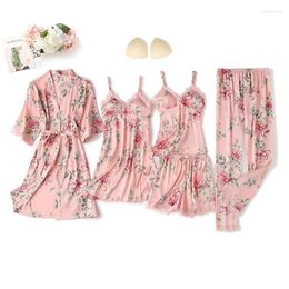 Vêtements de nuit pour femmes lingerie nocturnes 5pieces satin pyjamas femmes pyjamas sets imprimer floral pijama kimono