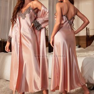 Vêtements de nuit pour femmes Femme Longue Twinset Robe Ensemble Chemise de nuit Printemps Été Kimono Peignoir Robe Sexy Dentelle Garniture Chemise de Nuit Satin Home Wear