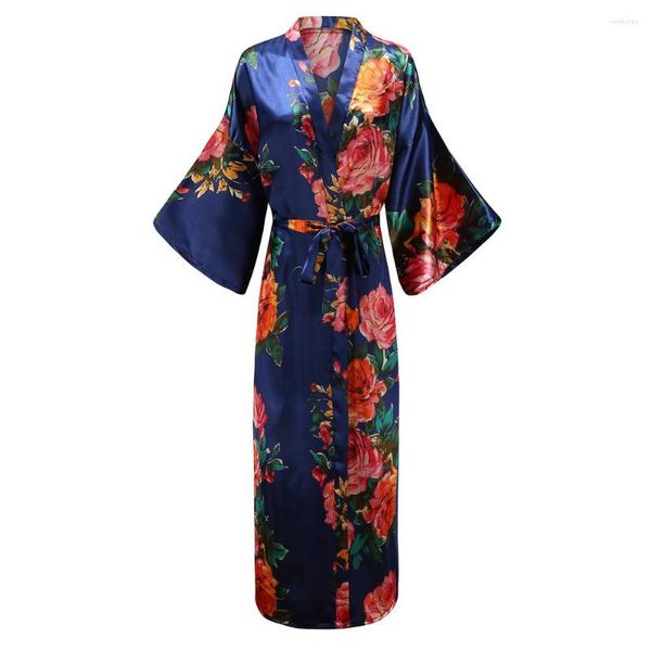 Vêtements de nuit pour femmes Femme Lâche Imprimer Fleur Kimono Peignoir Bleu Royal Robe Longue Robe Avec Ceinture Sexy Lounge Casual Nightdess Pour Les Femmes