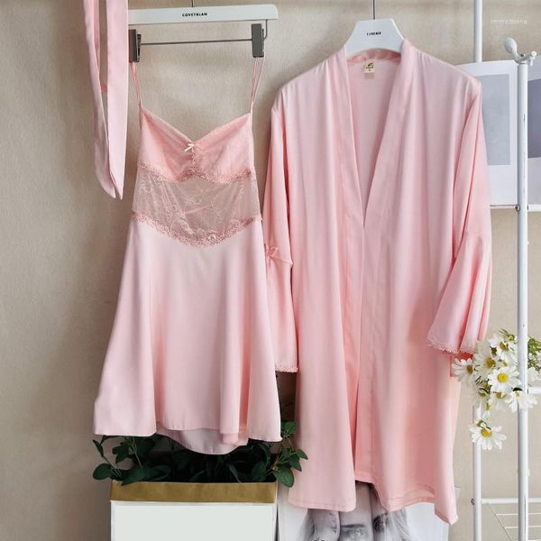 Ropa de dormir para mujer, conjunto de camisón femenino, satén de verano, 2 uds., Kimono, vestido de encaje para dormir, camisón calado, albornoz, vestido para casa, salón