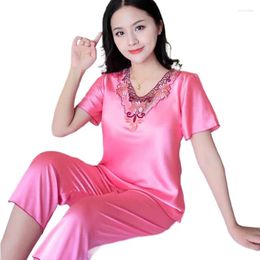 Frauen Nachtwäsche Weibliche Satin 2 Stück Set Solide Frauen Pyjamas Lose Hosen Casual Hause Anzug Sets Nightwear20a2-2