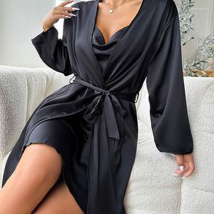 Vrouwen Nachtkleding Vrouwelijke Twinset Gewaad Set Sexy Zwarte Lange Kimono Badjas Gowm Lente Zomer Zijde Satijn Nachthemd Losse Casual homewear