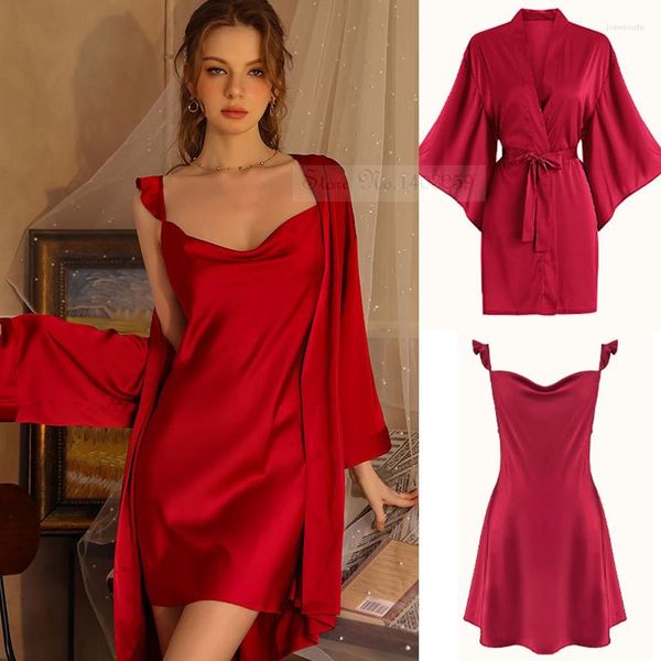 Vêtements de nuit pour femmes Twinset Robe Set Sexy Style Français Chemise de Nuit Printemps Summe Kimono Peignoir Robe Lâche Soie Satin Robe de Maison