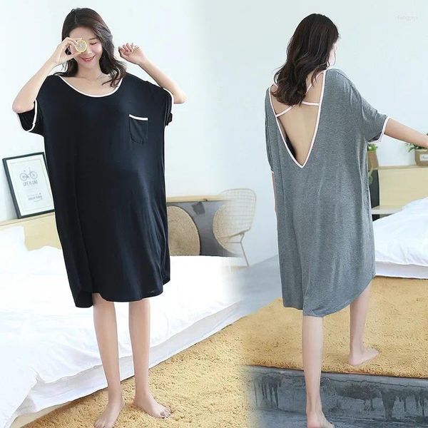 Vêtements de nuit pour femmes Sous-vêtements féminins Femmes Modal Nightwear Lâche Chemises de nuit Coton Été À manches courtes Dos nu Sexy Sleepshirt Plus Taille 2XL