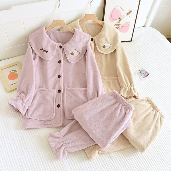 Vêtements de nuit pour femmes Ensembles de pyjamas en flanelle Manches longues Costume de sommeil Chemise Pantalon Corail Velours Revers Vêtements de maison 2 pièces Vêtements de nuit amples décontractés