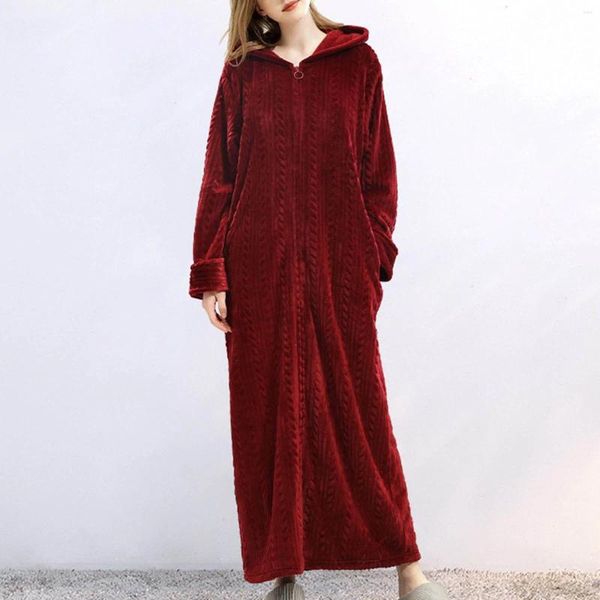 Pyjama épais en flanelle pour femmes, vêtements de nuit longs, grande taille, manteau de couleur unie, vêtements de maison, fermeture éclair, en coton, à capuche, Robe de nuit