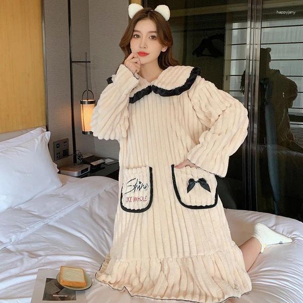 Ropa de dormir para mujer Pijamas de invierno de franela para mujer Estilo coreano INS Manga larga Vestido de dormir de longitud media Tallas grandes 200 kg Grasa MM Ropa de hogar