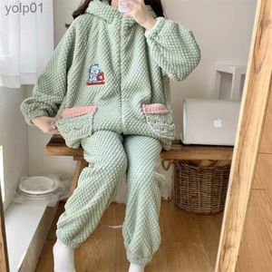 Nachtkleding voor dames Flanel damespyjamaset Warme winterfleece Nachtkleding Dikker koraalfleece Loungewear Leuke cartoon Damespyjama met capuchon SuitL231109