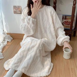 Dames nachtkleding Fleece nachtjapon Dames nachthemd in Koreaanse stijl Eendelige pyjama Ruches Winter Lange mouw Effen Huiskleding 2024
