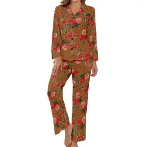 Vêtements de Nuit pour Femmes Pyjamas Léopard Floral Imprimé Fleurs Rouges Manches Longues Ensembles de Pyjama de Mode 2 pièces Nuit Printemps Costume de Maison Cadeau d'anniversaire