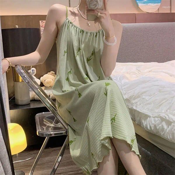 Ropa de dormir para mujer Camisón con estampado floral Pijamas para mujer Vestido de noche de estilo coreano verde Ropa de dormir de verano Ropa de dormir Correa de espagueti Ropa para el hogar