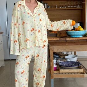 Vêtements de nuit pour femmes Ensemble de pyjama à imprimé floral Automne Lounge Home Vêtements Femmes Causal Top et Capri Pantalon Loungewear avec manches longues Homewear