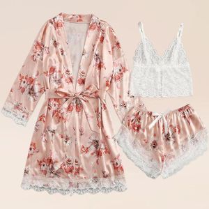 Vêtements de nuit pour femmes Ensemble de pyjama à imprimé floral Femmes Robe en dentelle 3 pièces Cami Top Shorts avec Robe Peignoir Lingerie Sexy Robe de Nuit