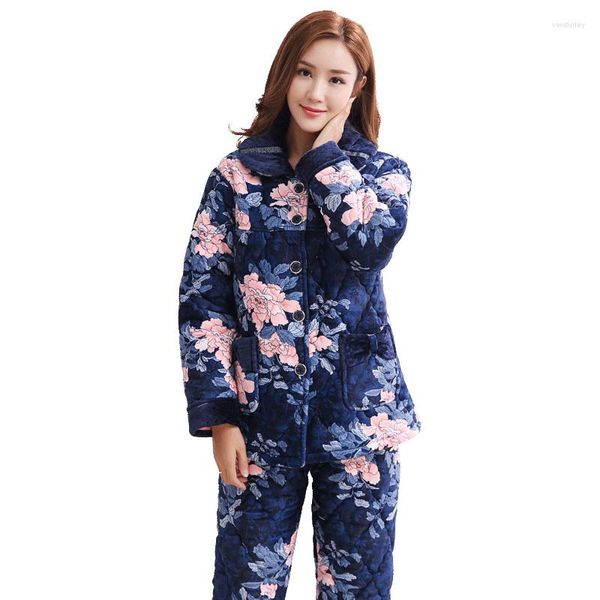 Pijama con estampado Floral para Mujer, chaqueta acolchada de invierno gruesa y cálida de tres capas para Mujer, pijama acolchado de terciopelo Coral para Mujer, Pijama para Mujer