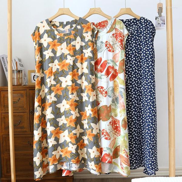 Ropa de dormir para mujer, vestido de verano con estampado Floral, camisón de viscosa, ropa para dormir, camisón con cuello redondo, pijama de una pieza