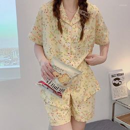 Dames slaapkleding bloemenprint Turn-down kraag pyjama sets zijde katoen pyjama's Koreaanse stijl schattige losse korte mouw nachthemd comfort 2 pc's