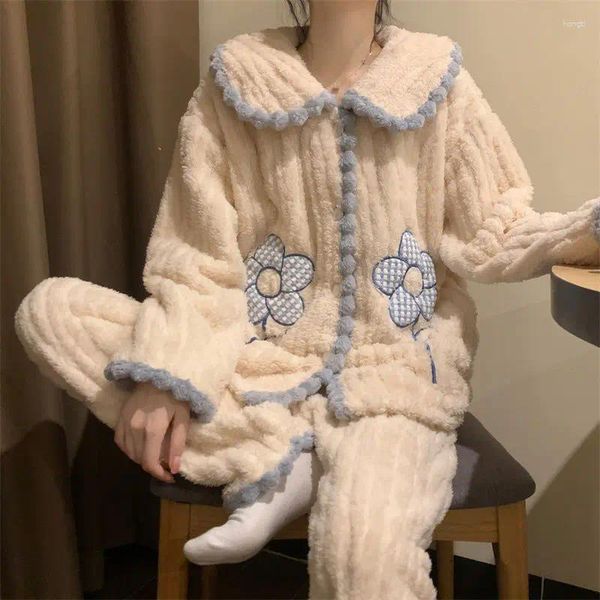 Ropa de sueño para mujeres Floral Mujeres Pajamas Pantalones de piima de invierno Cálido 2 piezas Fluffy Linda noche Lleva Pajamas Ruffles Home Wear 2023