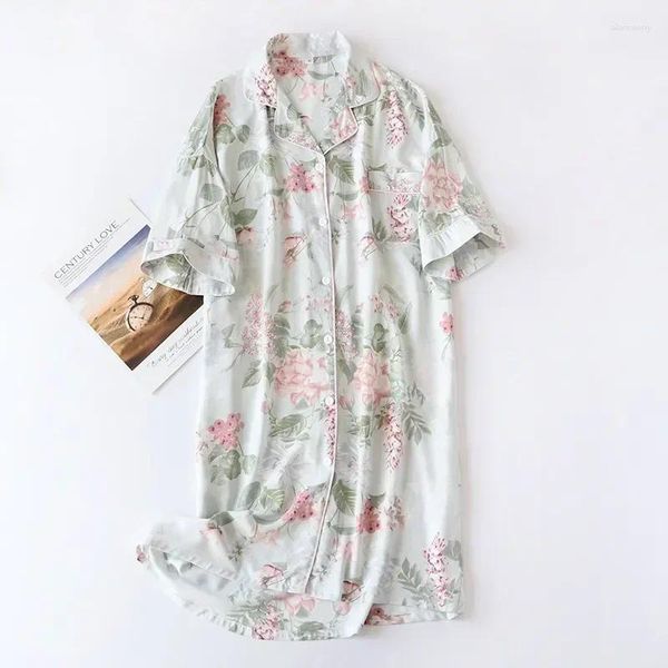 Vêtements de nuit pour femmes Chemise de nuit à fleurs Femme Accueil Cardigan Vêtements Été PJ Coton Robe à manches mi-longues Bouton de nuit Pyjama Imprimer