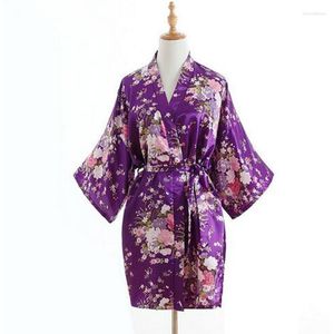 Ropa de dormir para mujer, Kimono corto Sexy de satén con flores para mujer, ropa de dormir con estampado Vintage chino para novias, vestido de boda para dama de honor