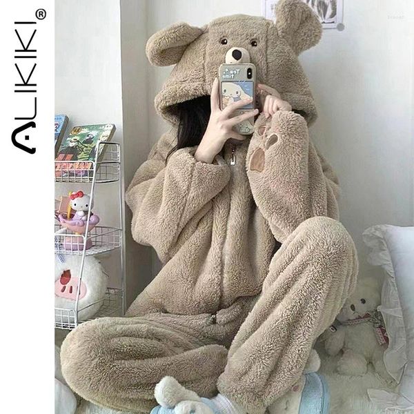 Vêtements de Nuit pour Femmes Ensemble de Pyjamas Moelleux Pyjama en Molleton de Corail Pull Pantalon vêtements de détente lâches Ours en Peluche Costume de Maison Confortable pour l'hiver par Temps Froid