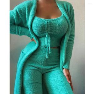 Women's Sleepwear Fluffy Pajamas Set For Women Casual Tank Top And Pants Plus Size Hoodie Leisure Homsuit Winter 3 Pieces Pijamas
