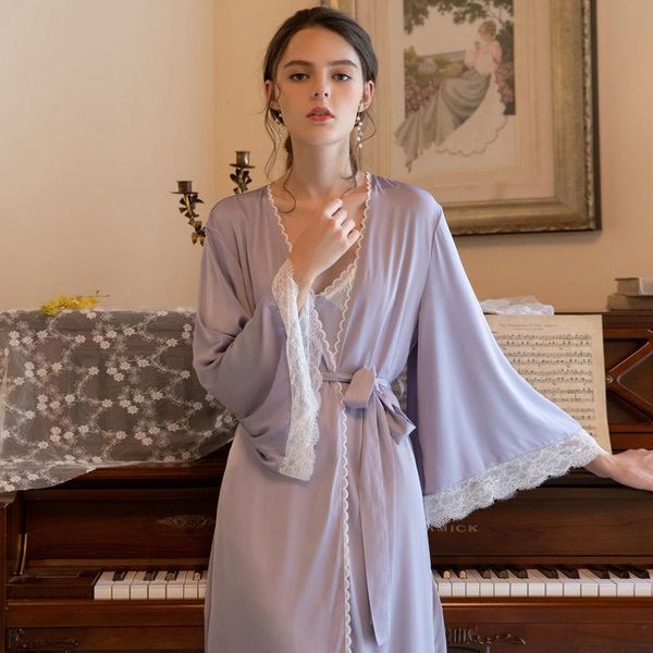 Vêtements de nuit pour femmes French Court Long Pyjamas Plus Size Sexy Nightgown Two-piece Ice Silk Suit Solid Bretelles Robe Ensembles à manches longues