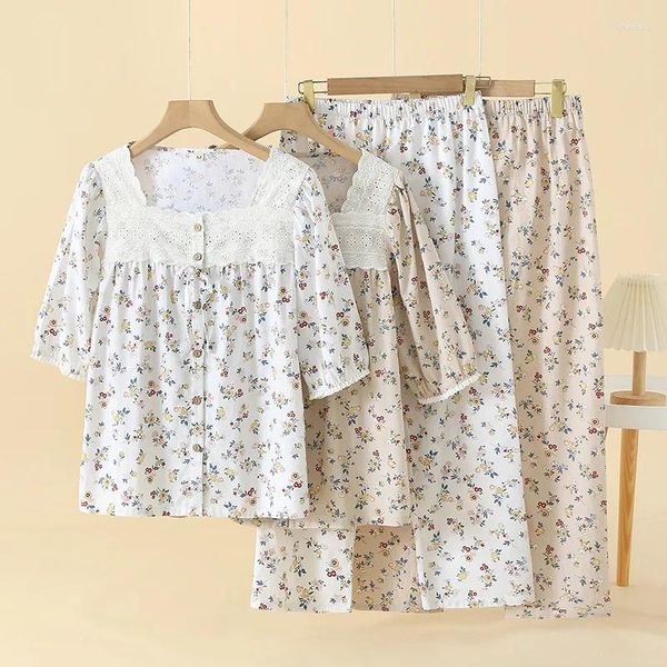 Pyjama en coton à fleurs en dentelle française pour femmes, vêtements de nuit, gaze, manches mi-longues, ensemble haut et pantalon, 2 pièces, vêtements de détente d'été