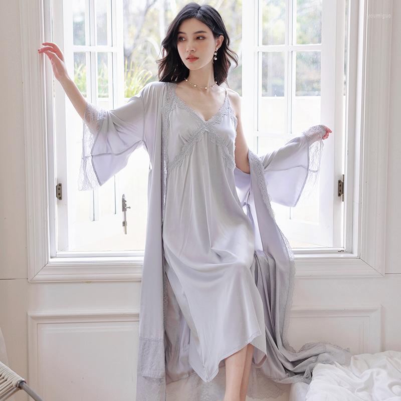 French Style Lace Trim Twinset Robe Set for Women - Elegant Kimono Bathrobe and Gown in Sexy Rayon - Perfect for Loungewear and romantic sleepwear