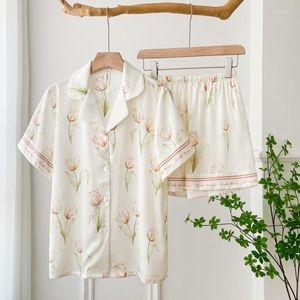 Vêtements de nuit pour femmes imprimé tulipe française femmes à manches courtes pyjamas d'été femme glace soie lâche mince vêtements de maison dames boutonné