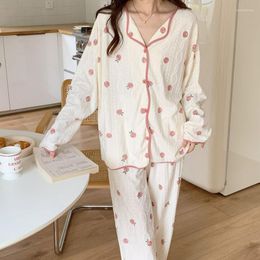 Vêtements de nuit pour femmes imprimé fruits femmes ensembles de pyjama à manches longues pantalon Piiama automne costume coréen 2 pièces nuit porte bouton vêtements de maison