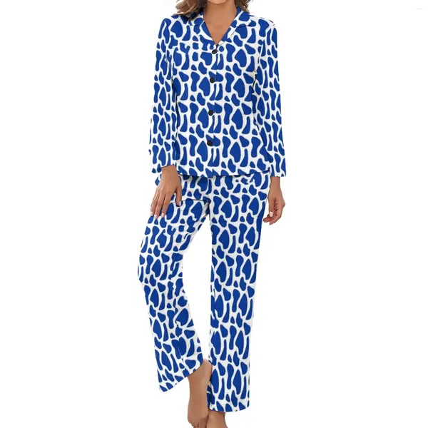 Ropa de dormir para mujer Pijamas con estampado de jirafa funky Conjuntos de pijamas de moda de manga larga azul y blanco 2 piezas Idea de regalo gráfica de otoño informal