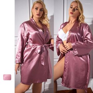 Vêtements de nuit pour femmes FZSLCYIYI Oversize 5XL Sexy Back Belong Broderie Violet Rouge Satin Robe Kimono Femmes À Manches Longues Peignoir De Mariage