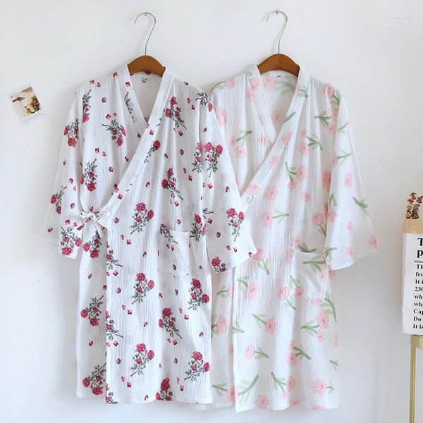 Ropa de dormir para mujer, Kimono de gasa de algodón, albornoz, bata de noche Sexy para mujer, camisón para mujer, bata con estampado Floral de verano 2023