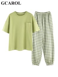 Vêtements de nuit pour femmes GCAROL femmes pyjama 2 pièces ensembles coton T-shirt taille élastique pantalon dessin animé géométrique classique loisirs peut porter à l'extérieur 230515