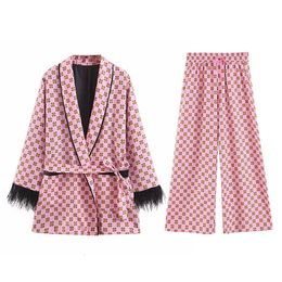 Vêtements de nuit pour femmes imprimé géométrique plume kimono manteau avec ceintures mode dames pantalons à jambes larges pyjamas costumes rose deux pièces ensemble 230421