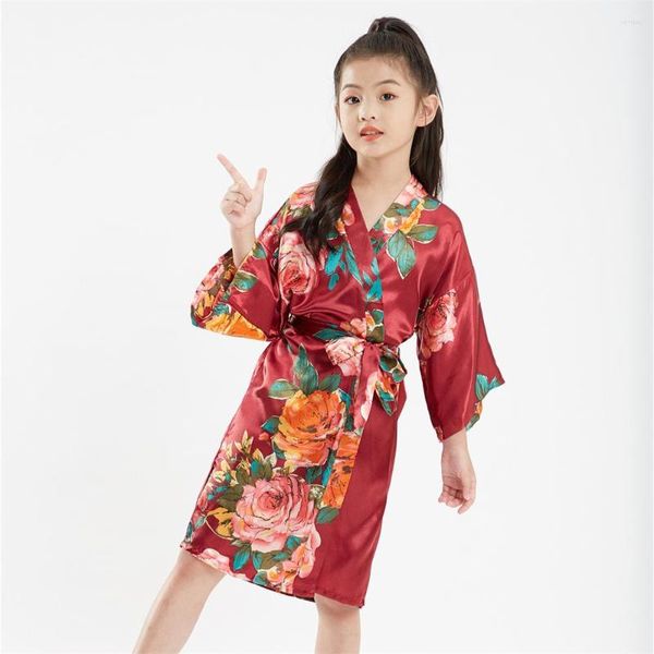 Vêtements de nuit pour femmes Filles Bourgogne Fleur Imprimer Robes Kimono Yukata Pyjamas Peignoir Enfants Été Asiatique Loisirs Chemise De Nuit