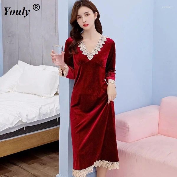 Ropa de dormir para mujer Terciopelo dorado Mujeres Pleuche Sexy Lace Nightdress 2024 Otoño Invierno Manga larga Ropa de dormir Ropa interior Vestido Camisón