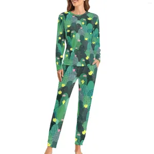 Dames slaapkleding groene cactus pyjama's dame bloemenprint warm thuispak dagelijks