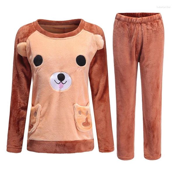 Ropa de dormir para mujer H5984 Mujeres Pijamas Traje Invierno Grueso Franela Cálido Conjunto Térmico Chica Linda Manga Larga Coral Terciopelo Dibujos animados Ropa de dormir