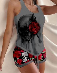 Dames Nachtkleding Halloween Skull Rose Print Trekkoord Pyjama Set 2023 Zomer Tweedelige Sets Vrouwelijke Pak