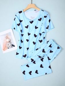 Nachtkleding voor dames Pyjama's met hartprint Ronde hals Top met korte mouwen en elastische tailleband Broek Loungewear