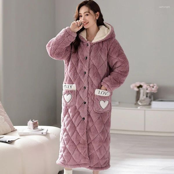 Vêtements de nuit pour femmes Robe de haute qualité épais chaud femmes flanelle hiver chemises de nuit confortable doux 3 couches coton peignoir avec capuche